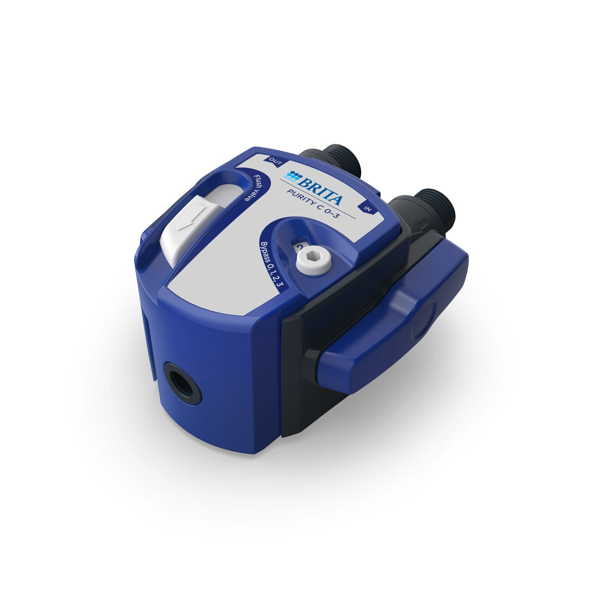 tête de filtre BRITA PURITY C bleue et noire, avec un autocollant gris sur fond blanc