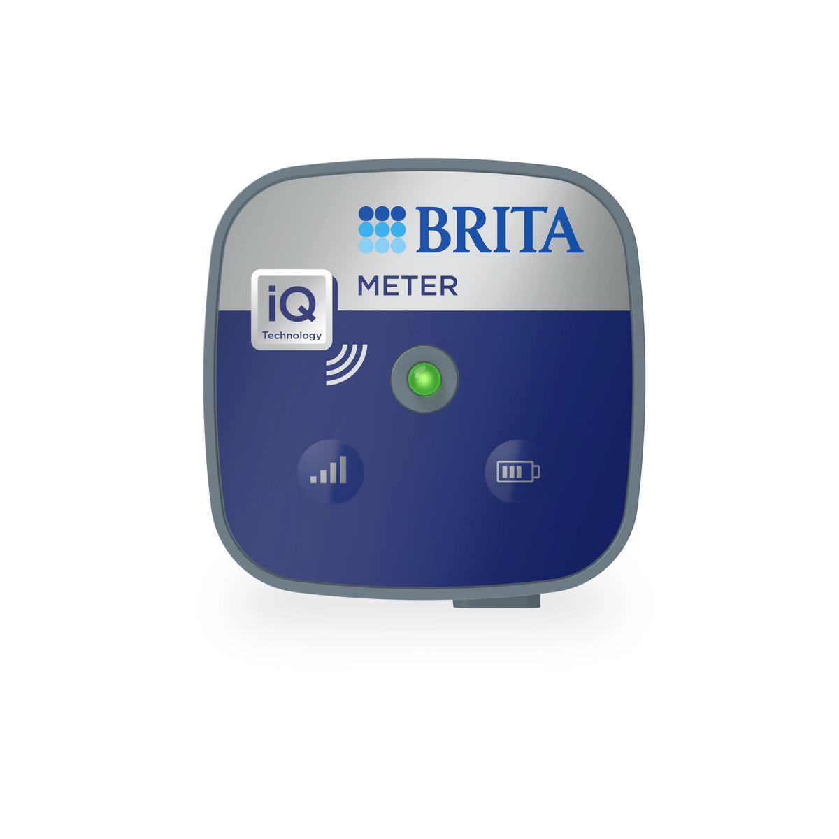 Unité de communication BRITA iQ Meter avec façade bleue et voyant LED pour les systèmes professionnels de filtration de l'eau.