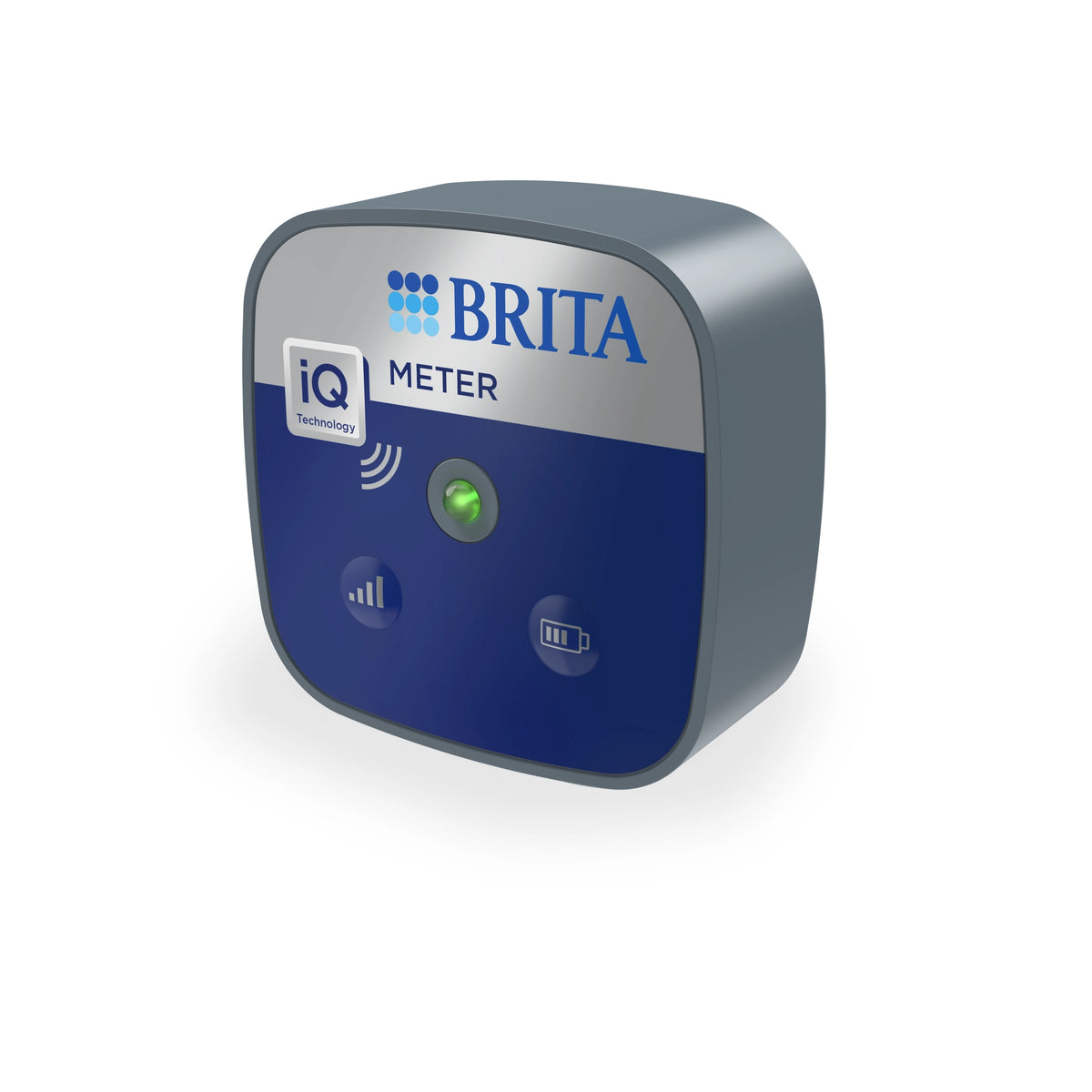 Unité de communication BRITA iQ Meter avec façade bleue et voyant LED pour les systèmes professionnels de filtration de l'eau.