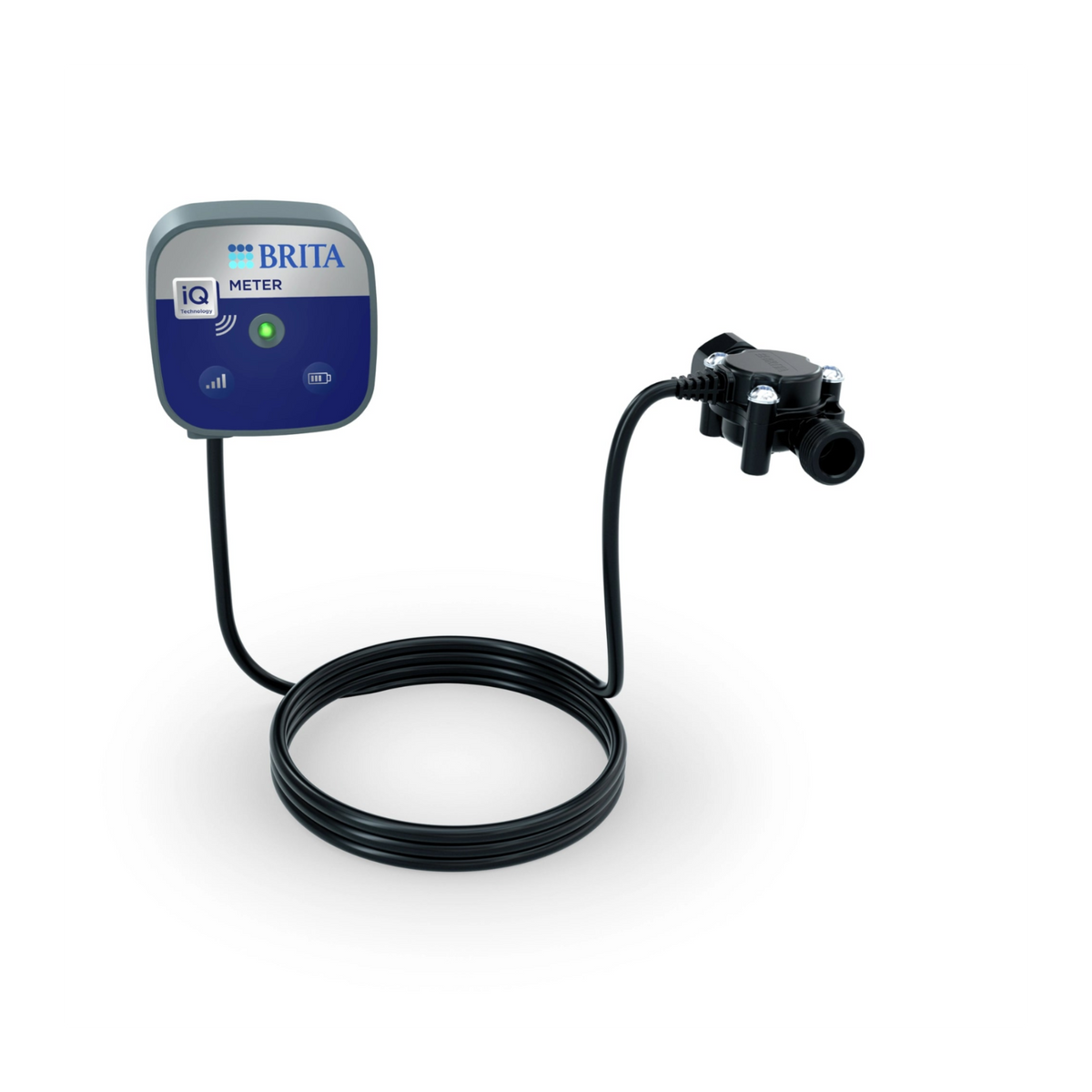 Appareil BRITA iQ Meter doté d'un panneau avant bleu, d'un voyant LED, d'un câble de raccordement et d'un capteur de débit, destiné aux systèmes professionnels de filtration d'eau.